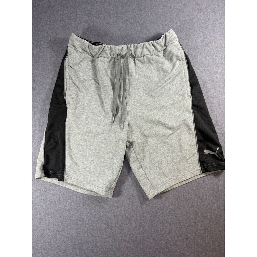 Puma Mens Gray Athletic Shorts Black Mesh Side Panels Drawstring Size Small